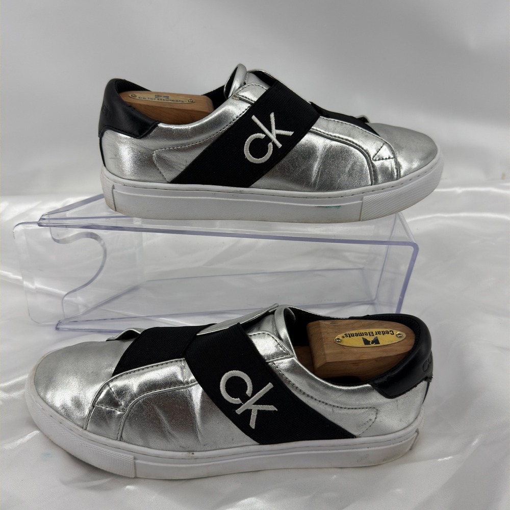 Calvin Klein Allure Sneaker Womens 7.5 Silver Metallic Textile Slip On CK Logo